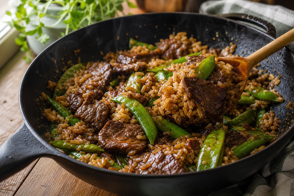 Beef Stir-Fry Snap Pea Rice recipe from Clear Brook Kitchen