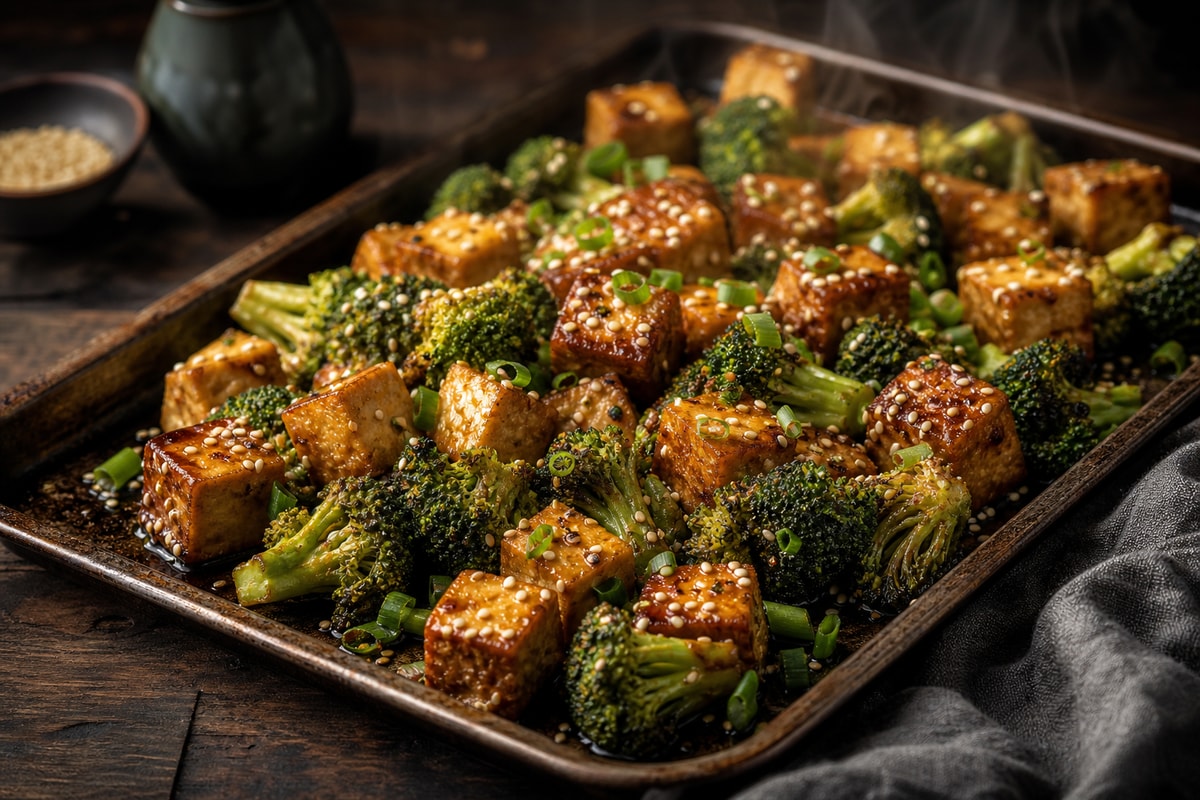 Sesame Garlic Tofu Broccoli Tray recipe from Clear Brook Kitchen