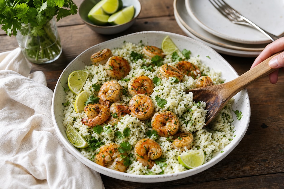 Garlic Shrimp Cilantro Lime Rice recipe from Sage & Millet Kitchen