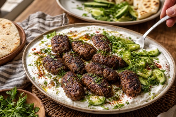 Lamb Kofte Yogurt Cucumber Tray Lamb Kofte Yogurt Cucumber Tray recipe from Crescent & Sumac Kitchen