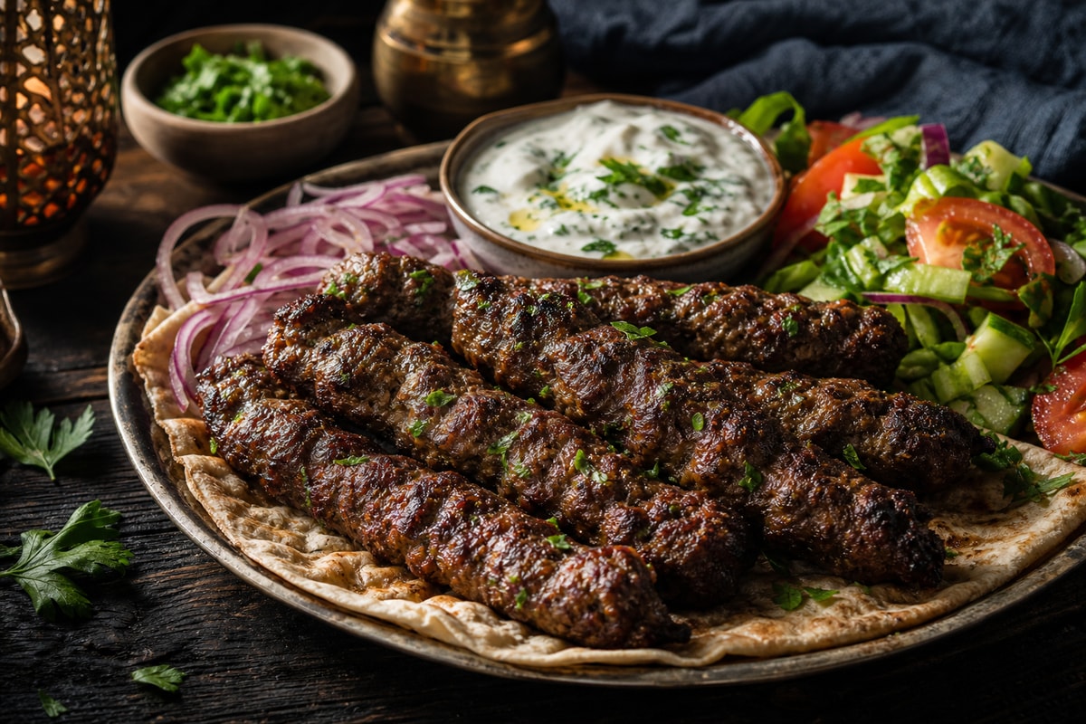 Grilled Halal Beef Kafta Platter recipe from Crescent & Sumac Kitchen