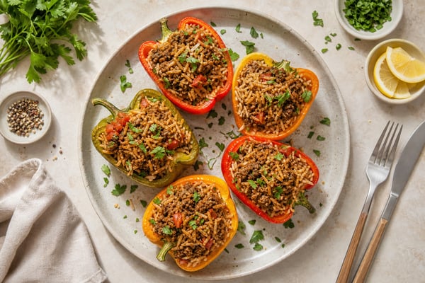 Stuffed Bell Pepper Halal Beef Rice Stuffed Bell Pepper Halal Beef Rice recipe from Crescent & Sumac Kitchen