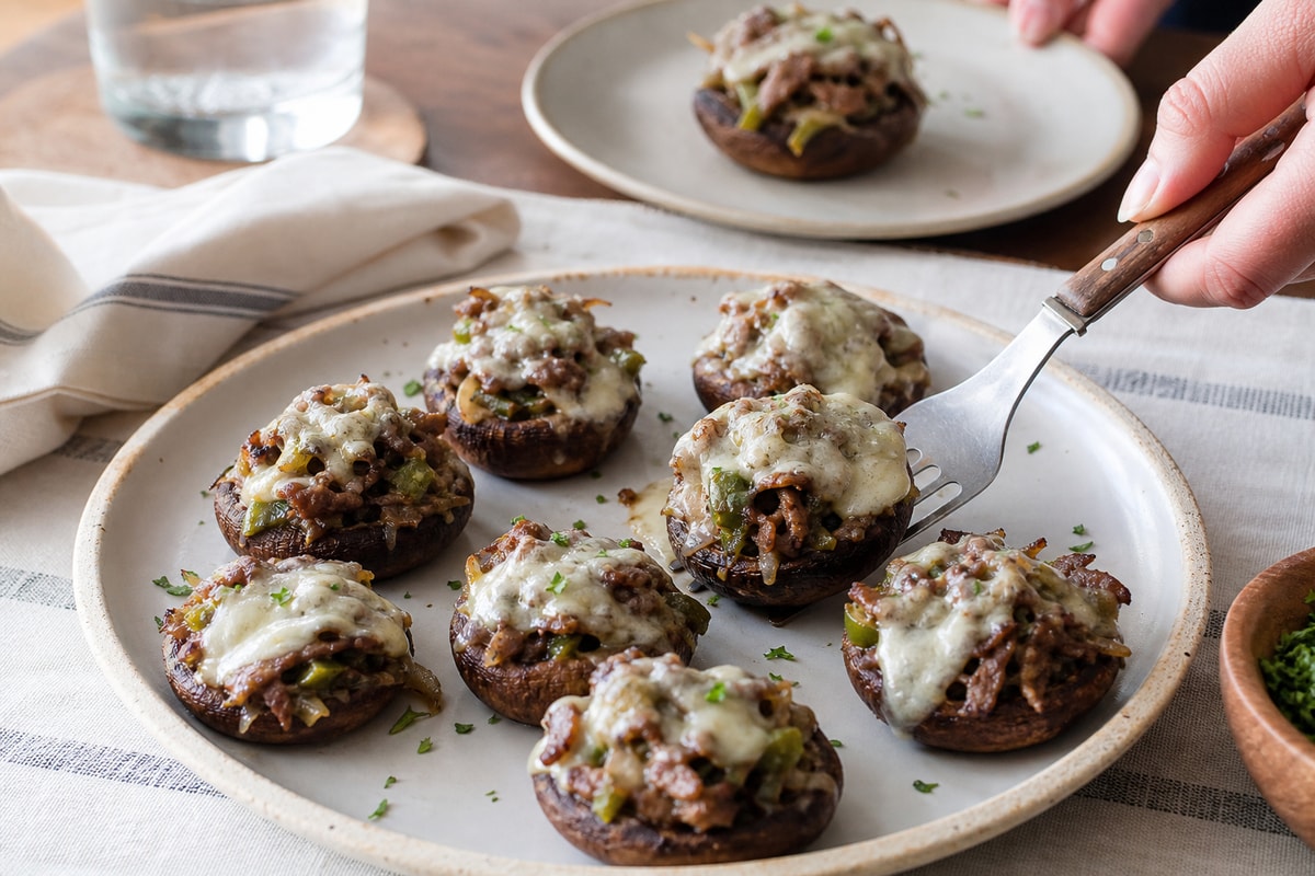 Philly Steak Stuffed Mushrooms recipe from Ketolite Table