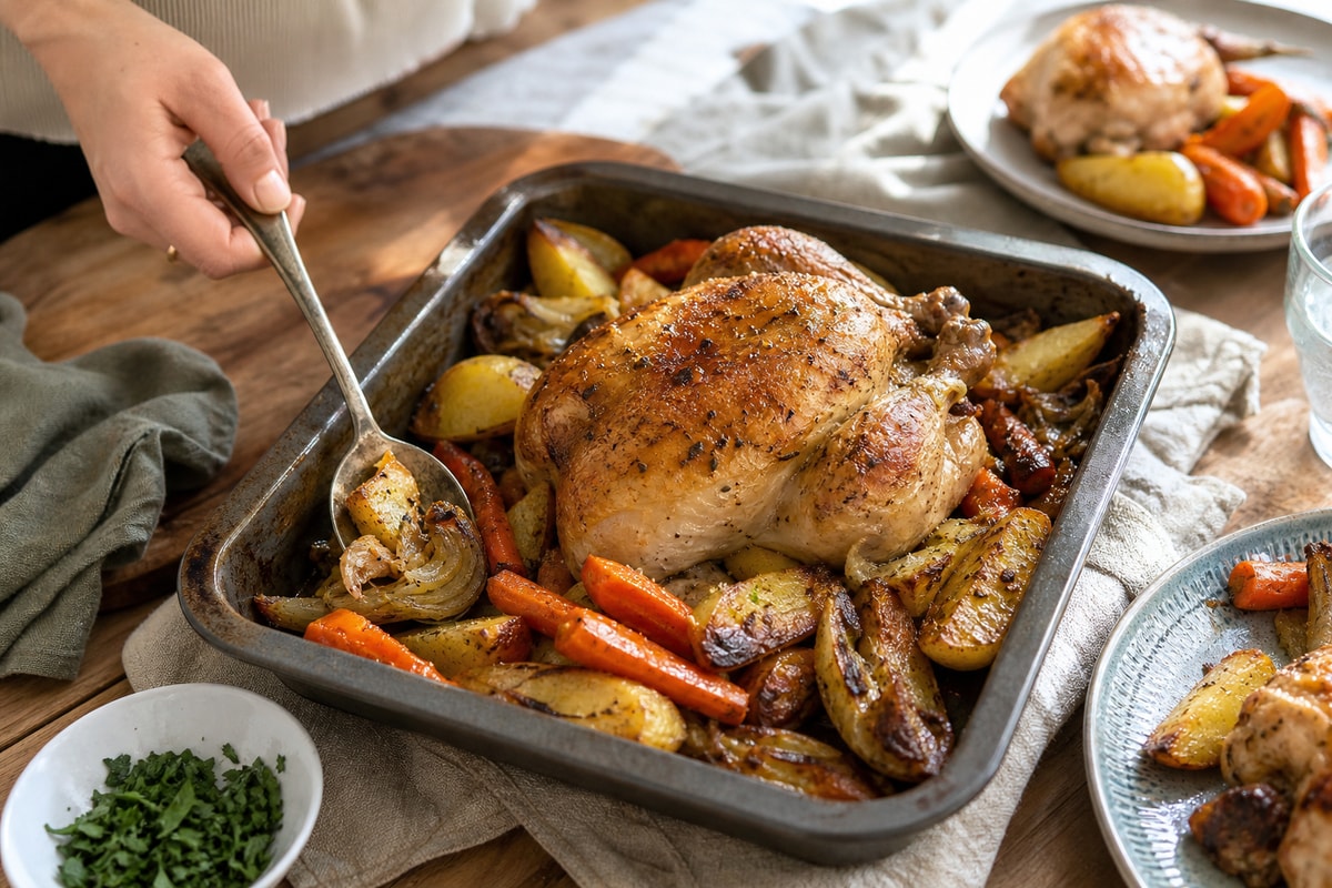 Roast Chicken Schmaltzy Vegetables Tray recipe from Sabbath Table Studio