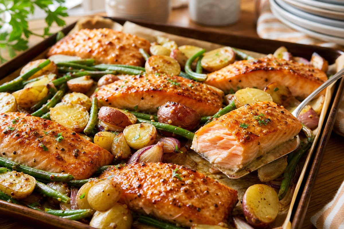 Honey Mustard Baked Salmon Tray recipe from Sabbath Table Studio
