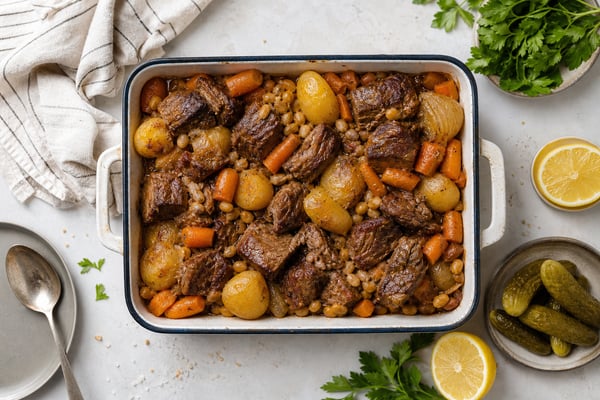 Beef Vegetable Cholent Style Tray recipe from Sabbath Table Studio