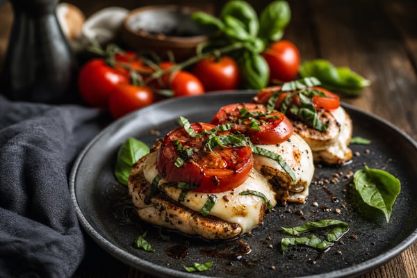 Chicken Caprese Mozzarella Stacks recipe from Counter Carb Kitchen