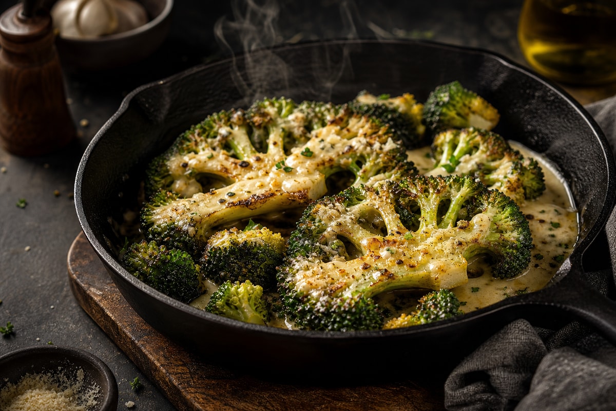 Garlic Parmesan Broccoli Steak Skillet recipe from Counter Carb Kitchen