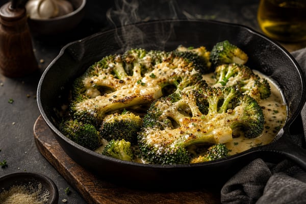 Garlic Parmesan Broccoli Steak Skillet recipe from Counter Carb Kitchen