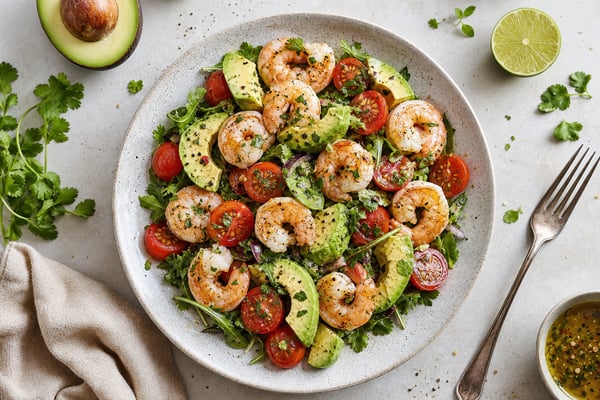 Shrimp Avocado Tomato Salad Meal recipe from Counter Carb Kitchen