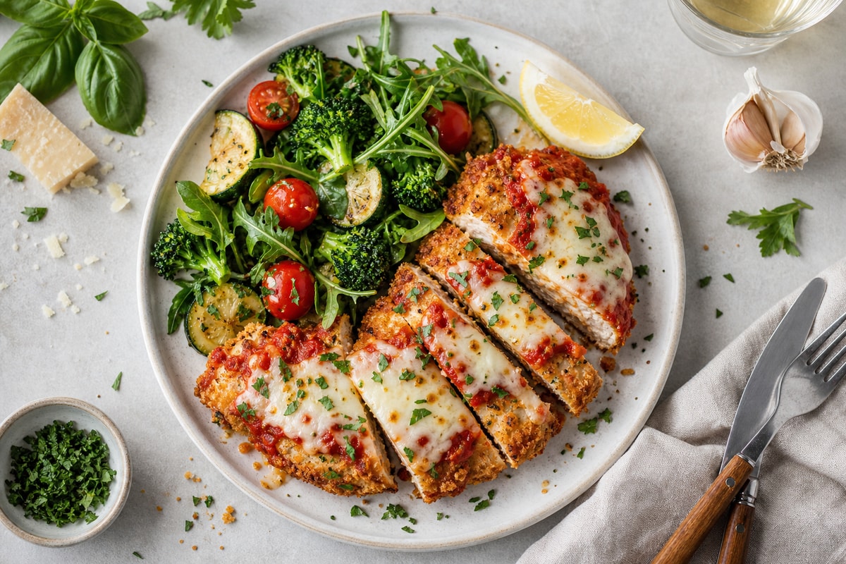 Crispy Garlic Chicken Parmesan Light recipe from Counter Carb Kitchen