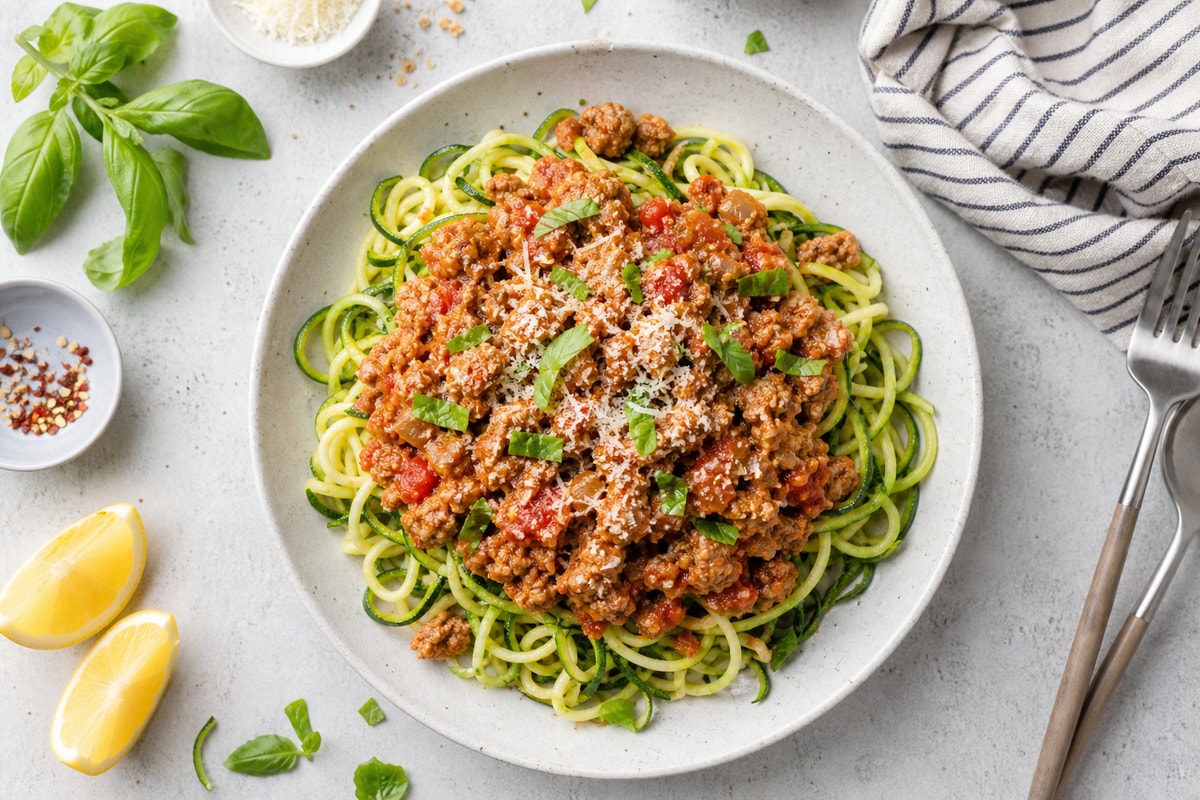 Spiralized Zucchini Turkey Bolognese recipe from Counter Carb Kitchen