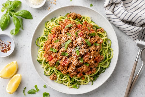 Spiralized Zucchini Turkey Bolognese recipe from Counter Carb Kitchen