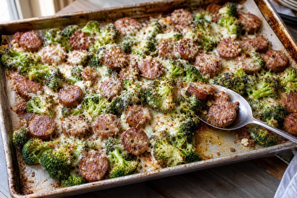 Sheet-Pan Sausage Broccoli Parmesan Tray recipe from Counter Carb Kitchen