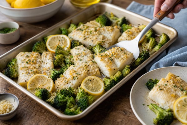 Lemon Garlic Cod Broccoli Tray recipe from Featherlite Fork