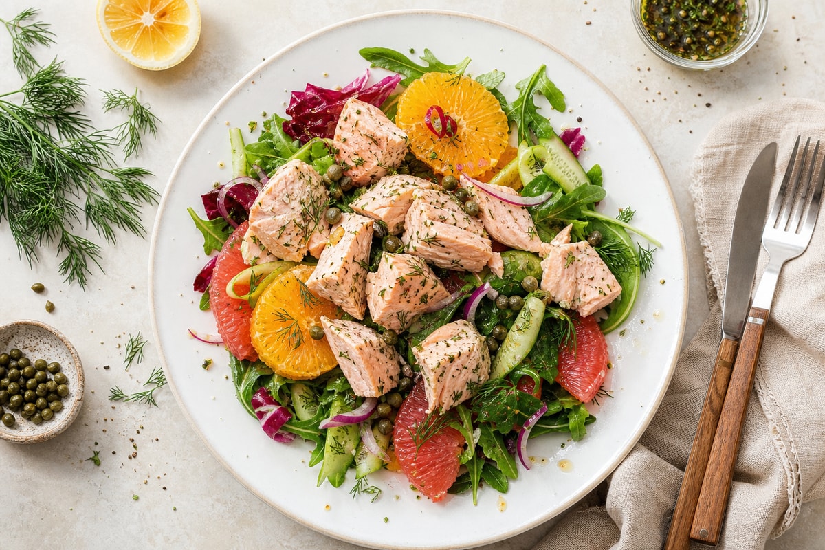 Poached Herb Salmon Citrus Salad recipe from Featherlite Fork