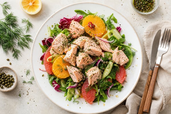 Poached Herb Salmon Citrus Salad recipe from Featherlite Fork