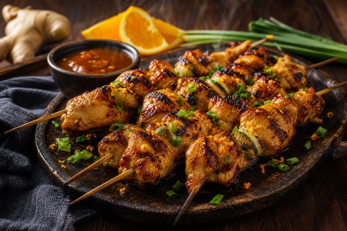 Orange Ginger Chicken Kebabs Tray recipe from Featherlite Fork