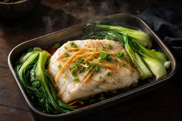 Steamed Ginger Soy Cod Pak Choi Tray recipe from Featherlite Fork