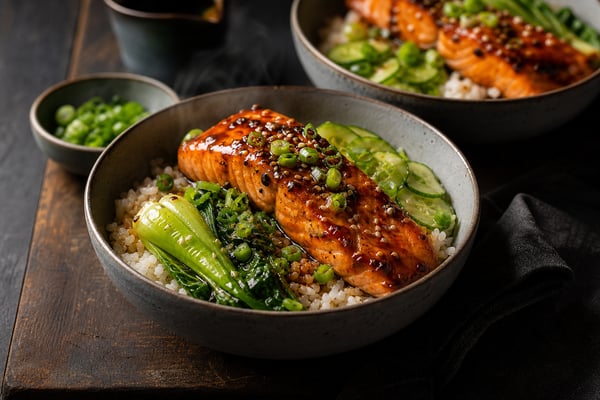 Soy Ginger Salmon Rice Bowls Soy Ginger Salmon Rice Bowls recipe from Safe Harbor Table