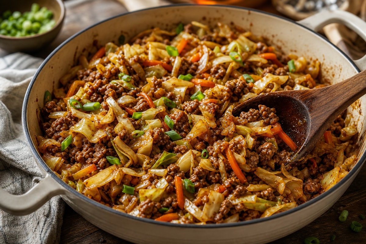 Egg Roll Bowl Beef Cabbage recipe from Safe Harbor Table