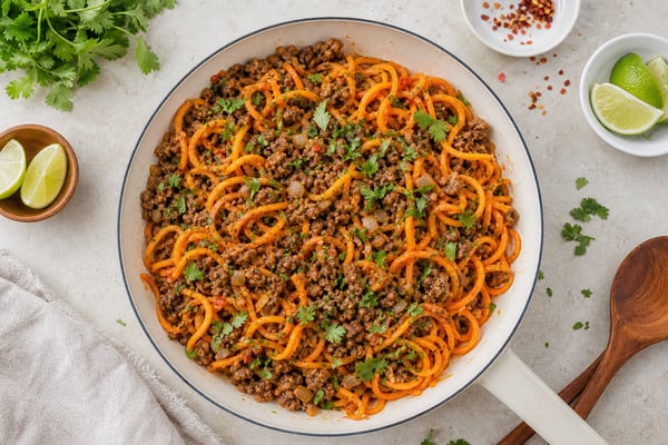 Spiralized Sweet Potato Beef Skillet recipe from Primal Flame Kitchen