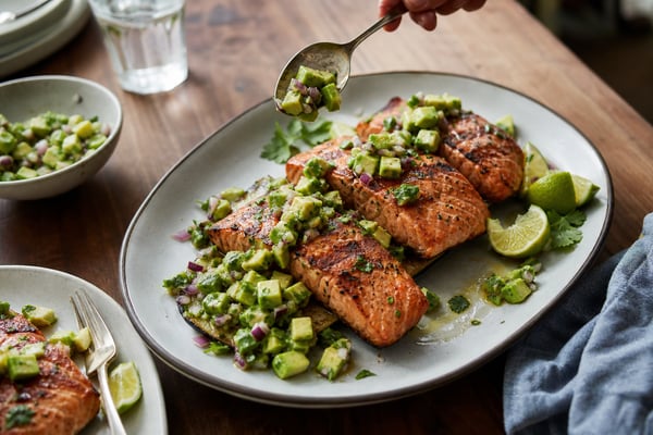 Grilled Salmon Avocado Salsa recipe from Primal Flame Kitchen