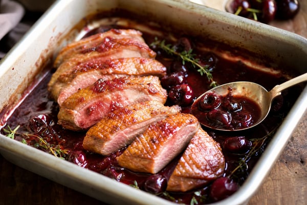 Crispy Skin Duck Breast Cherry Gastrique recipe from Primal Flame Kitchen