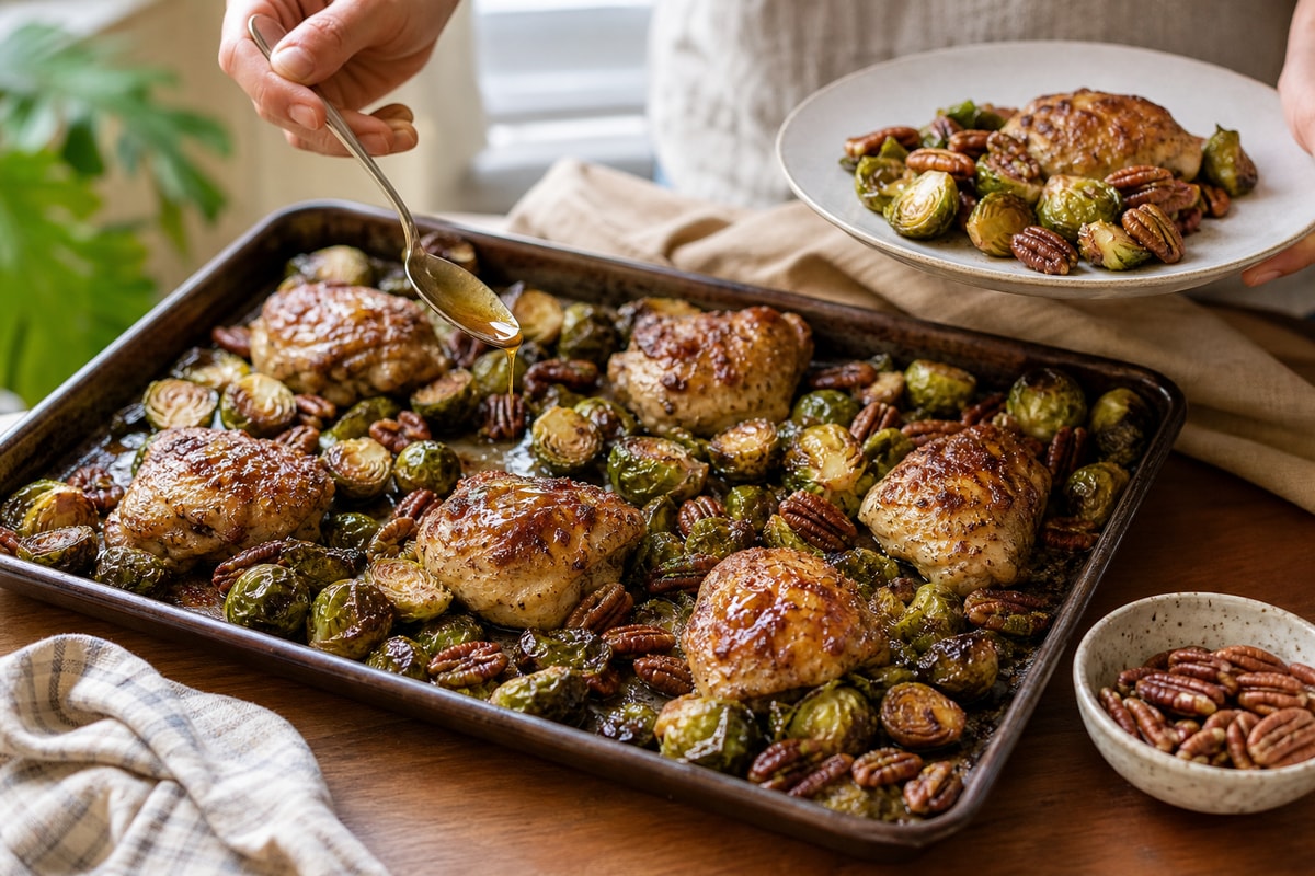 Maple Pecan Roast Brussels Chicken Tray recipe from Primal Flame Kitchen