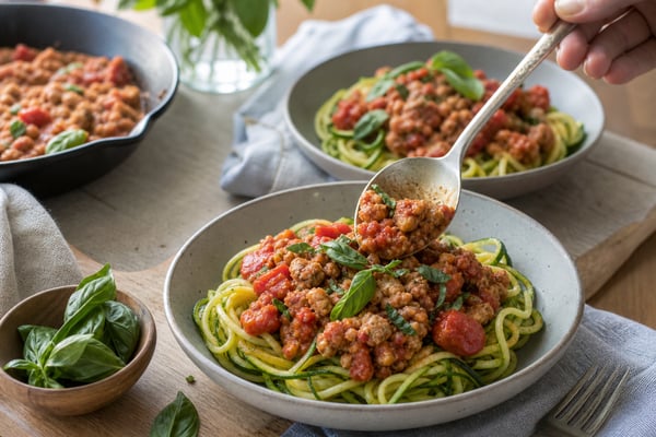Tomato Basil Turkey Zoodle Bowls recipe from Primal Flame Kitchen