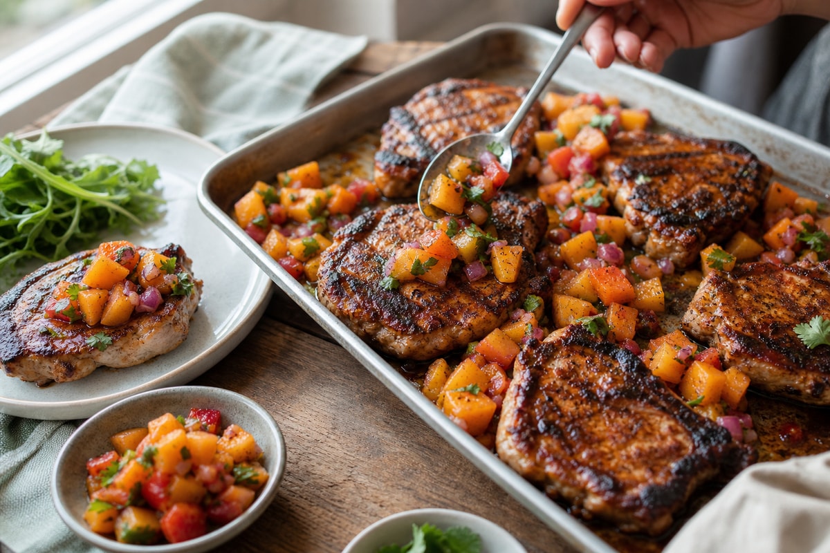 Smoky Paprika Pork Chops Peach Salsa Tray recipe from Primal Flame Kitchen