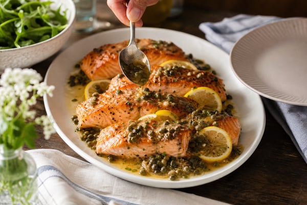 Seared Salmon Lemon Caper Sauce recipe from Harbor Spoon Kitchen