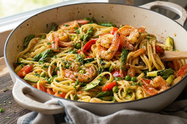 Garlic Shrimp Linguine Primavera Style recipe from Harbor Spoon Kitchen
