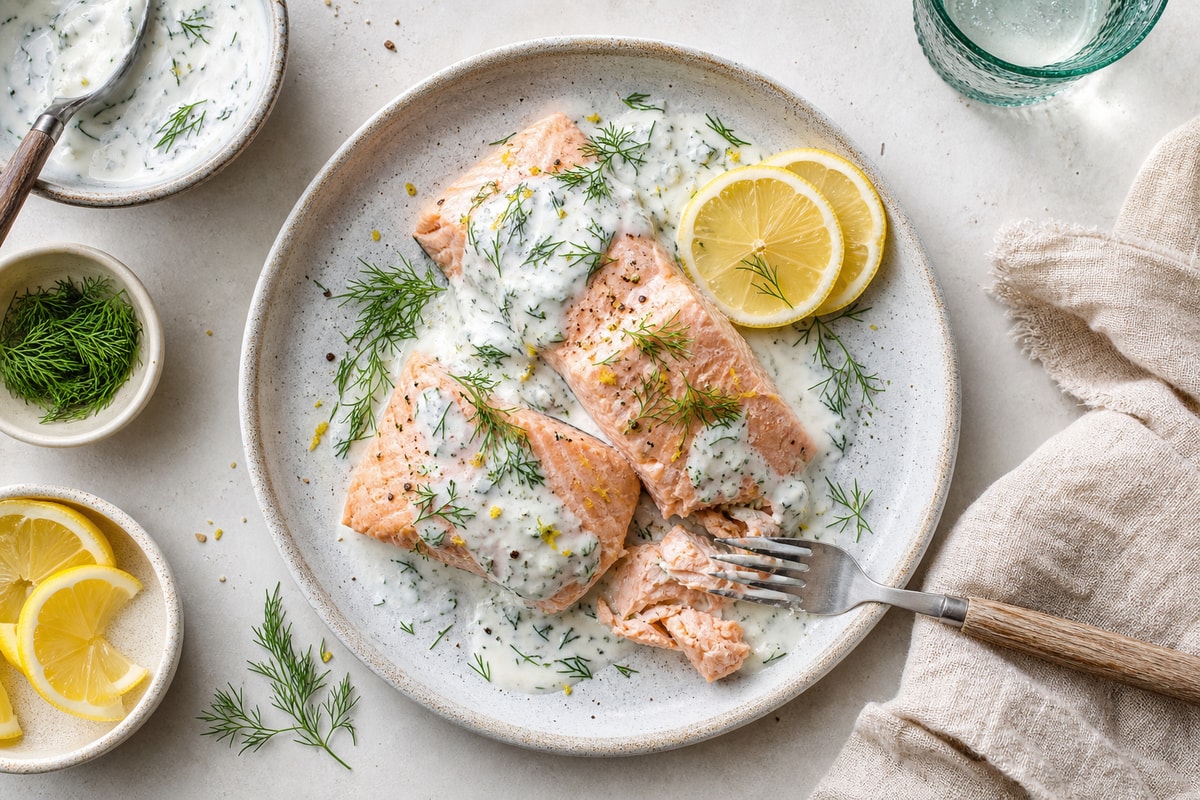 Poached Salmon Dill Yogurt Sauce Poached Salmon Dill Yogurt Sauce recipe from Harbor Spoon Kitchen