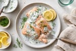 Poached Salmon Dill Yogurt Sauce recipe from Harbor Spoon Kitchen