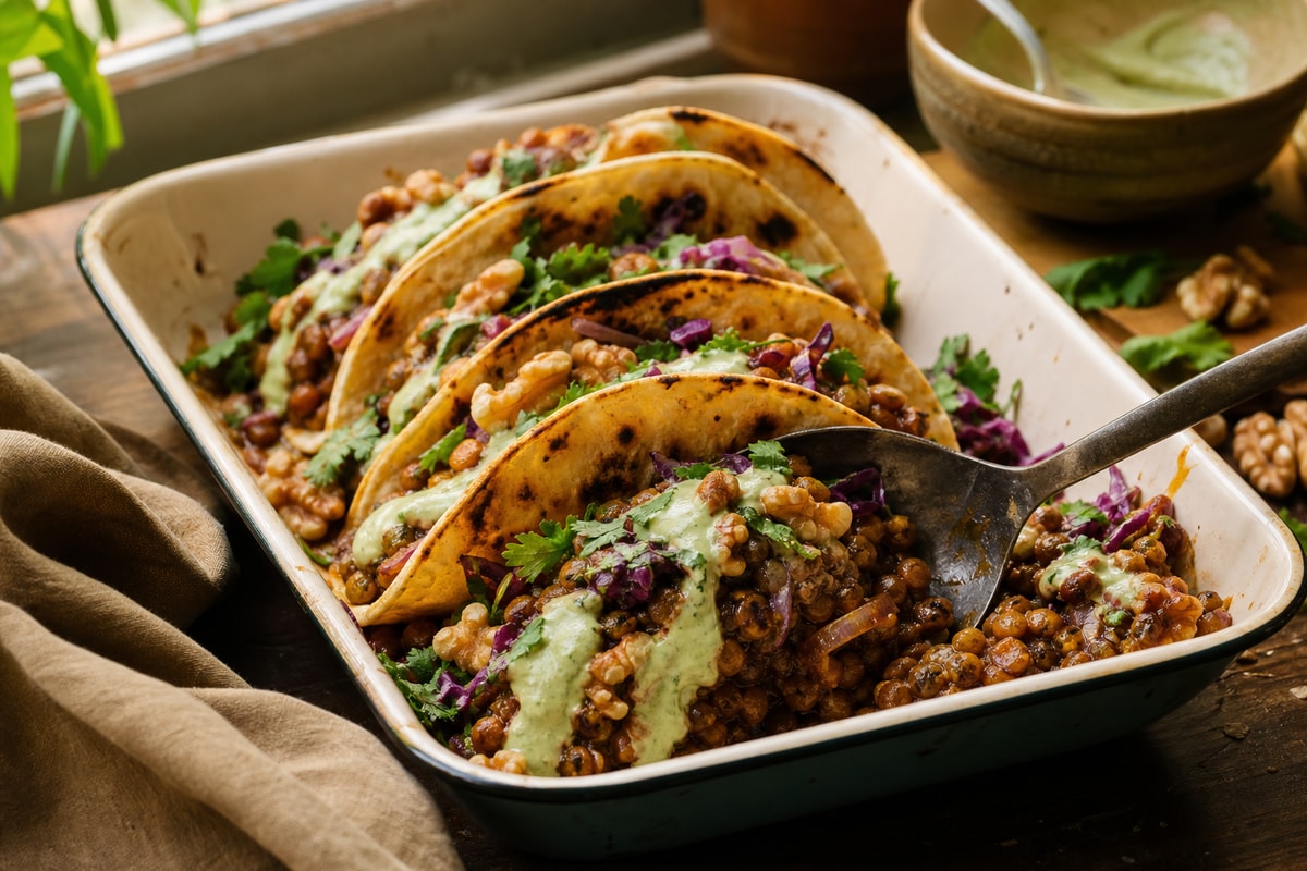 Smoky Lentil Walnut Tacos recipe from Pure Fork Plant Lab