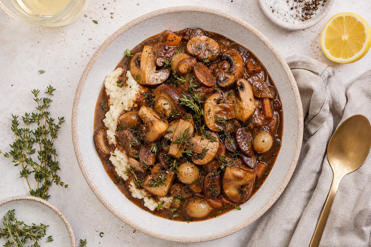 Vegan Mushroom Bourguignon recipe from Pure Fork Plant Lab
