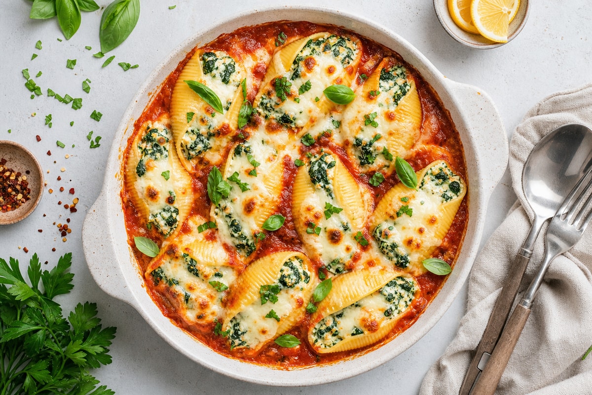 Stuffed Ricotta Spinach Shells recipe from Verdigrain Table