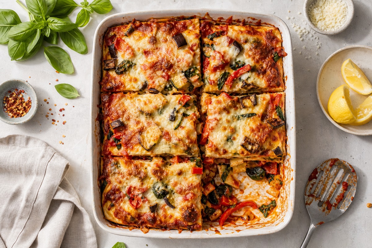Roasted Vegetable Lasagna Tray recipe from Verdigrain Table