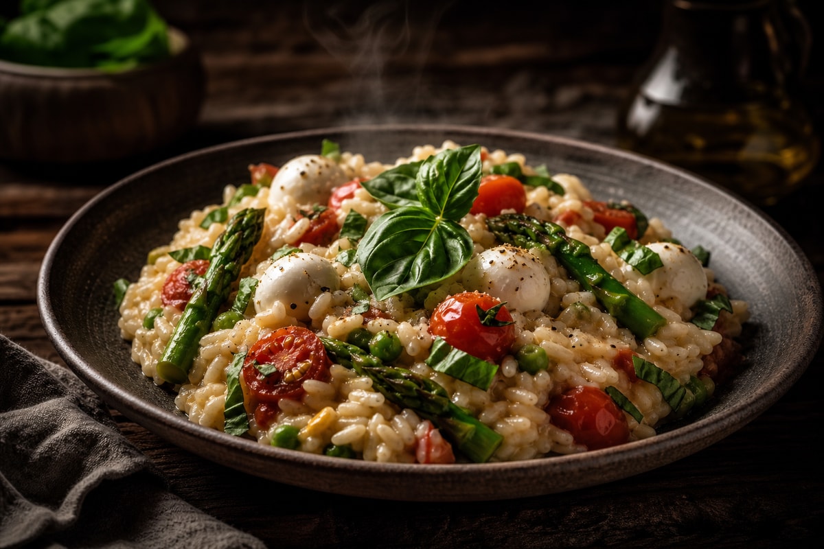 Caprese Risotto Primavera recipe from Verdigrain Table