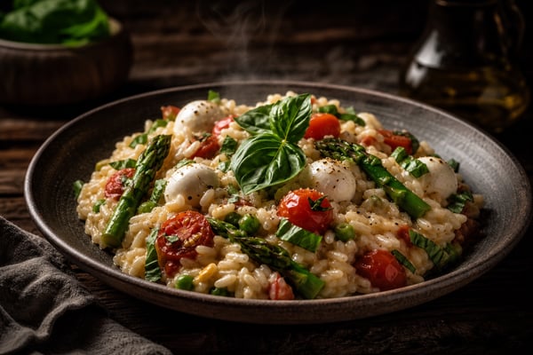 Caprese Risotto Primavera recipe from Verdigrain Table
