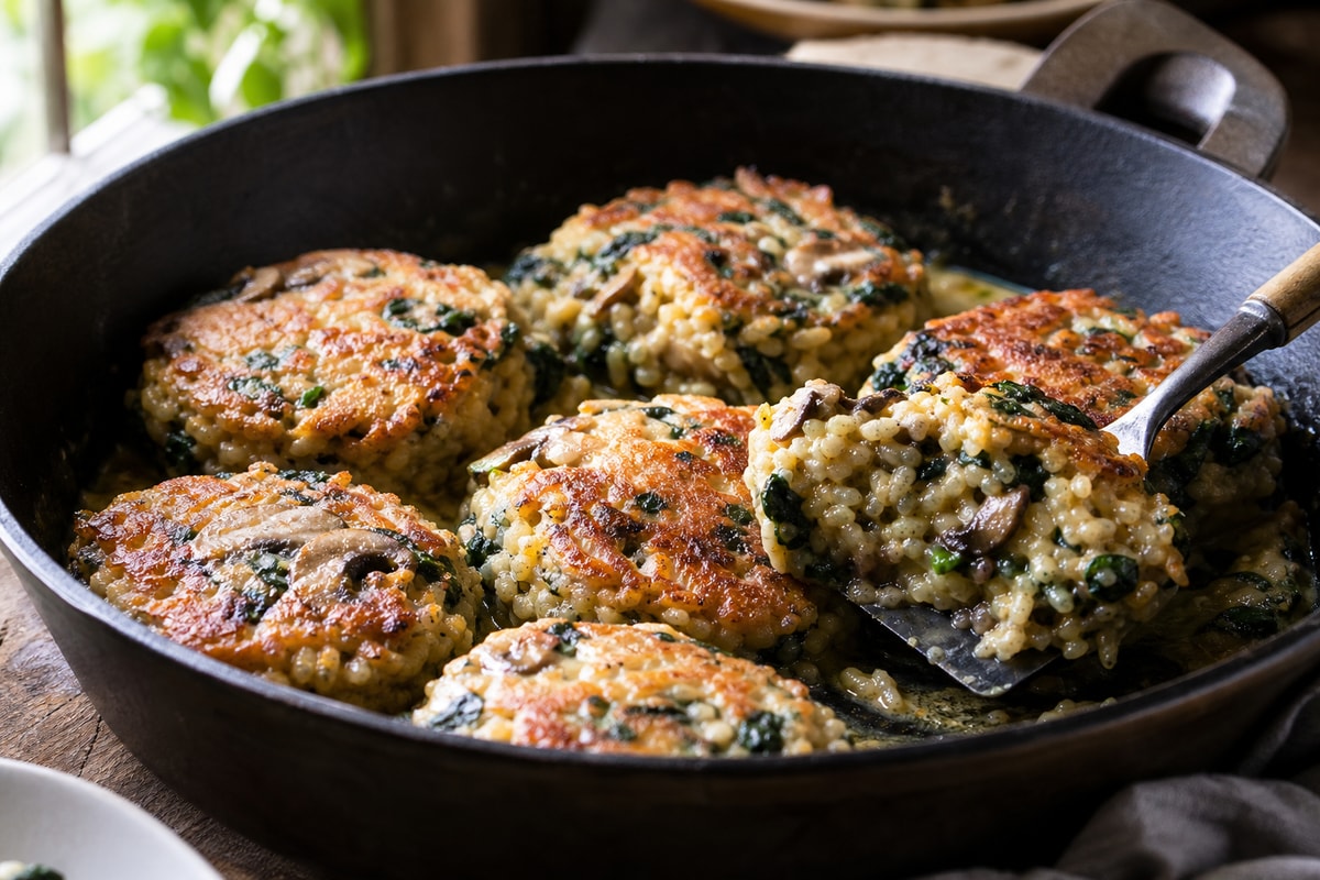 Spinach Mushroom Risotto Cakes Spinach Mushroom Risotto Cakes recipe from Verdigrain Table