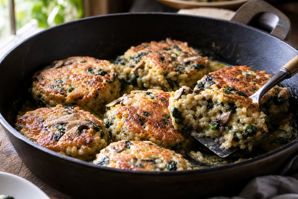 Spinach Mushroom Risotto Cakes recipe from Verdigrain Table