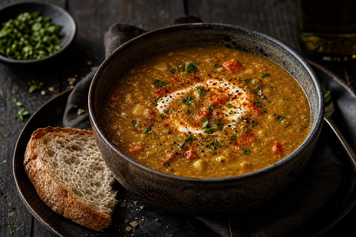 Crowd Feed Split Pea Smoked Paprika Soup recipe from Pantry Ledger Kitchen