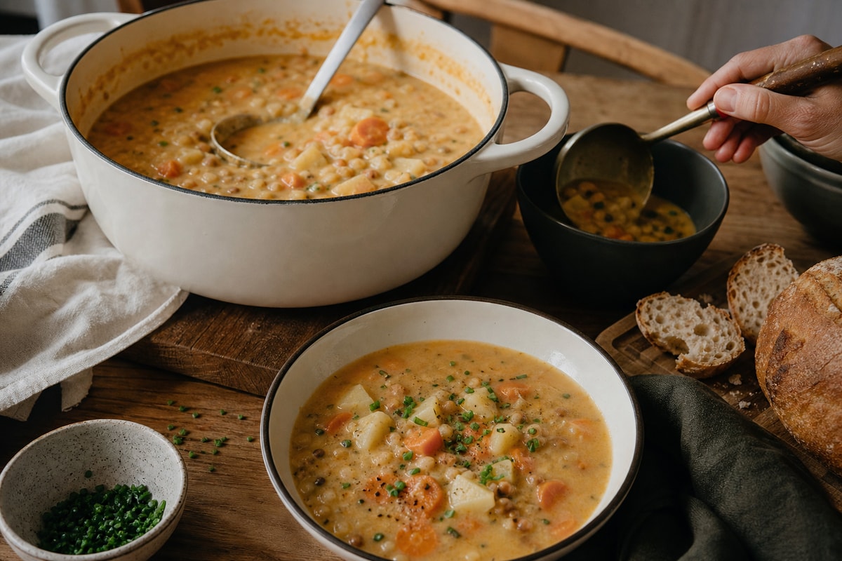 Crowd Feed Carrot Potato Cheddar Chowder recipe from Pantry Ledger Kitchen