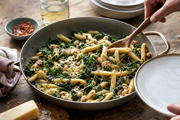 Crowd Feed Penne Kale White Bean Skillet Crowd Feed Penne Kale White Bean Skillet recipe from Pantry Ledger Kitchen