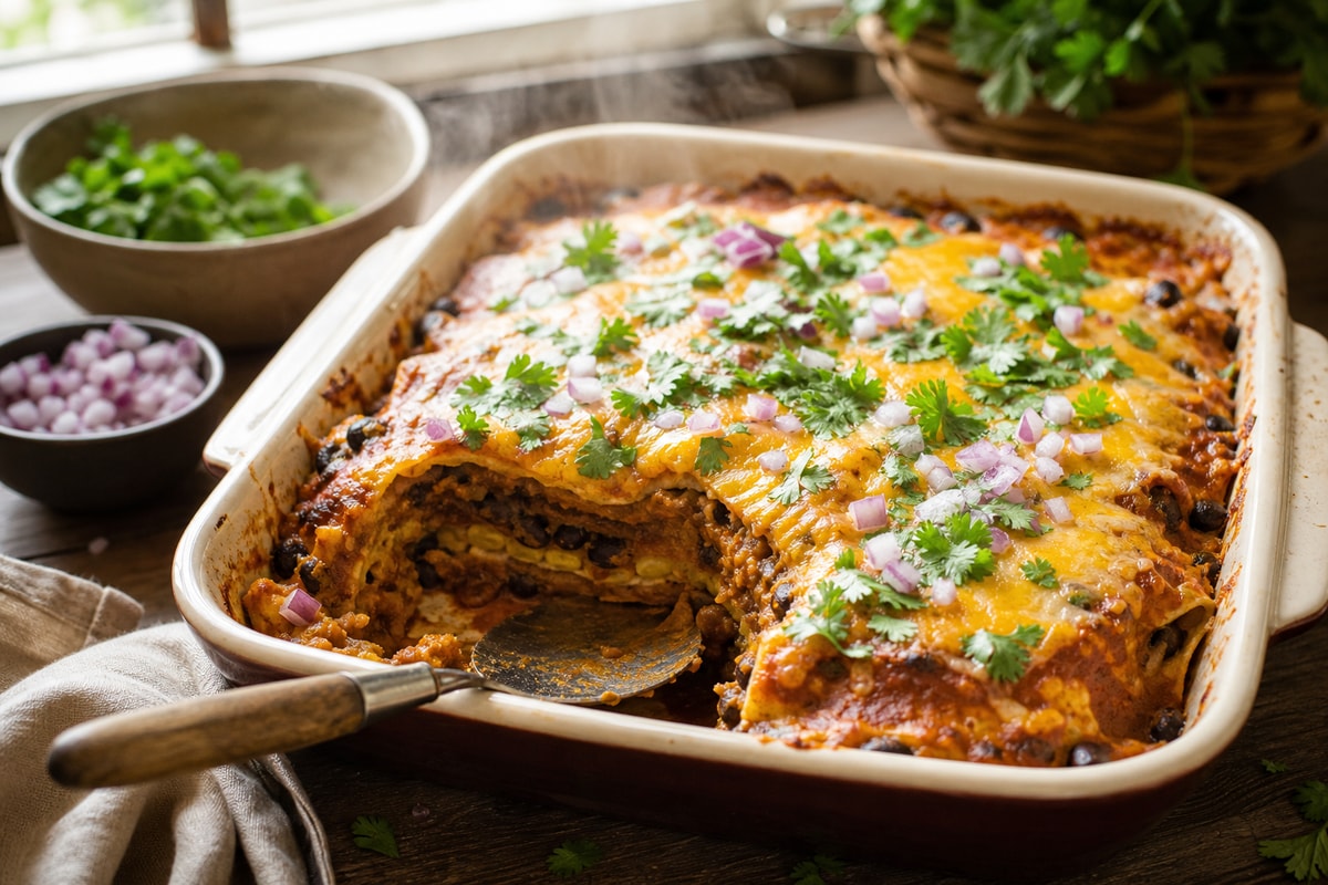 Pantry Tortilla Bean Enchilada Stack recipe from Pantry Ledger Kitchen