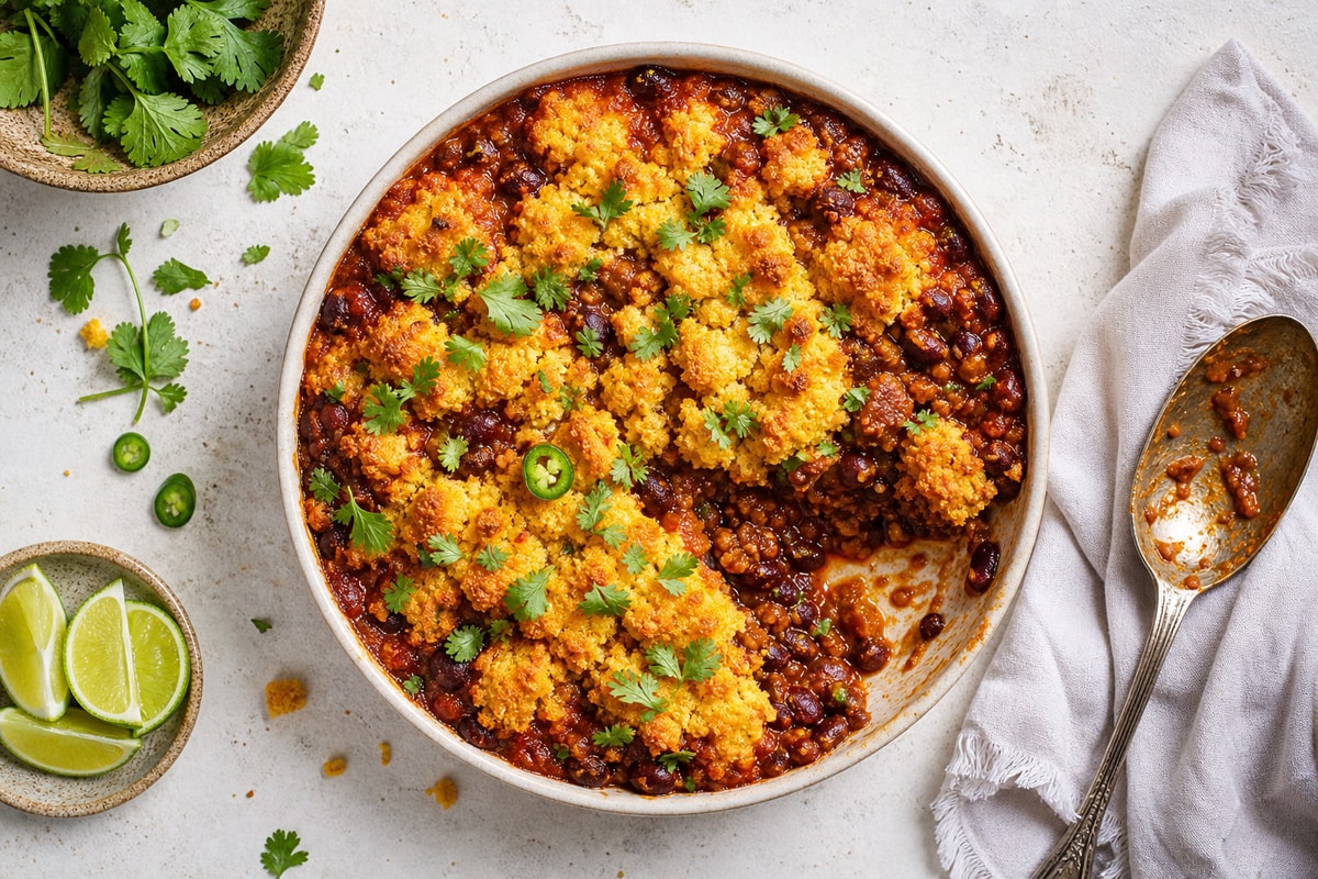 Stretch Cornbread Crumble Chili Pie recipe from Pantry Ledger Kitchen
