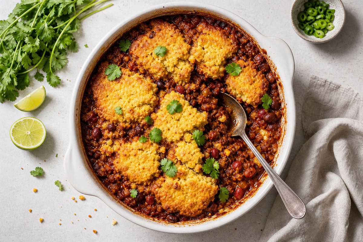 Slow-Simmer Beef Chili Cornbread Cobbler recipe from Velvet Spoon Kitchen