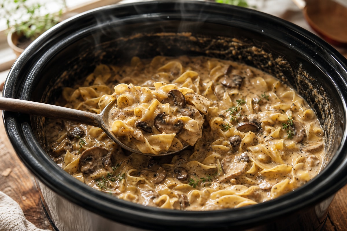 Slow-Simmer Mushroom Stroganoff Noodles Slow-Simmer Mushroom Stroganoff Noodles recipe from Velvet Spoon Kitchen
